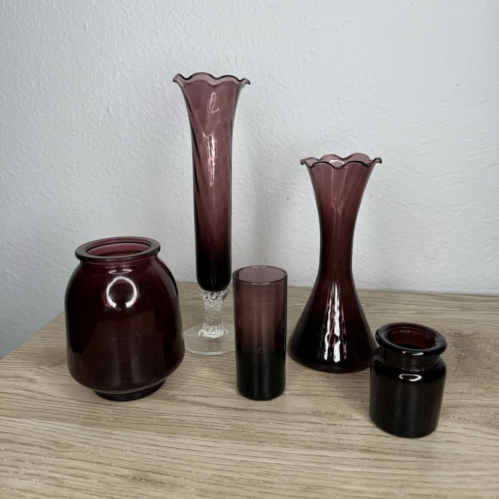 Amethyst Purple Glass Ruffled Bud Ribbed Vase Lot Of 5 - 3 Handblown and 2 Flash